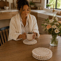 Poteau Round Macrame Fringe Coaster Set Poteau Round Macrame Fringe Coaster Set Coasters Jodora Natural