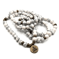 Awander White Howlite Buddha Prayer 108 Beads Mala Mantra Beaded Necklace Stretch Wrap Bracelet Prayer Beads Jodora Inc