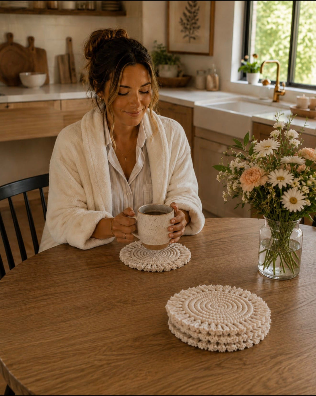 Poteau Round Macrame Fringe Coaster Set Poteau Round Macrame Fringe Coaster Set Coasters Jodora Natural