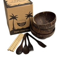 Hera 4 Polished Organic Coconut Bowls with Cutlery and Bamboo Straws Eco-Friendly Kitchen Décor Coconut Bowl Set Jodora Inc