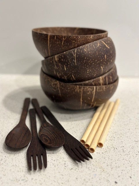 Hera Coconut Bowls w/Cutlery Set Coconut Bowl Set Jodora Inc