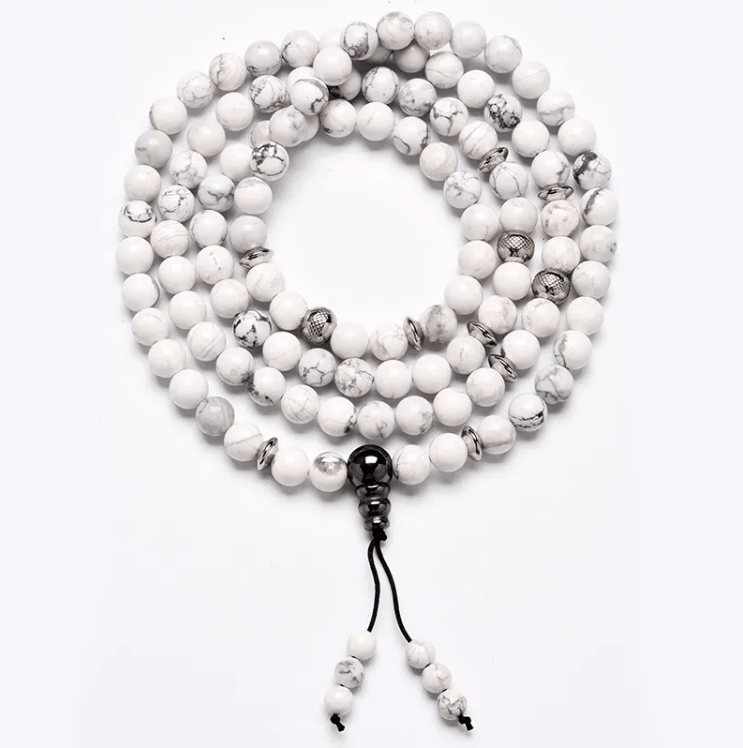 Winnetka White Howlite Prayer 108 Beads Mala Mantra Beaded Necklace Stretch Wrap Bracelet Prayer Beads Jodora Inc